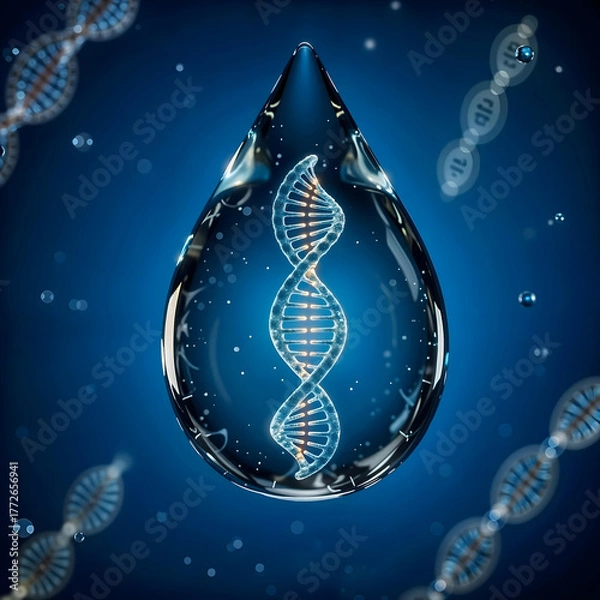 Fototapeta DNA in water drop, purity and molecular biology visualization, 3d illustration