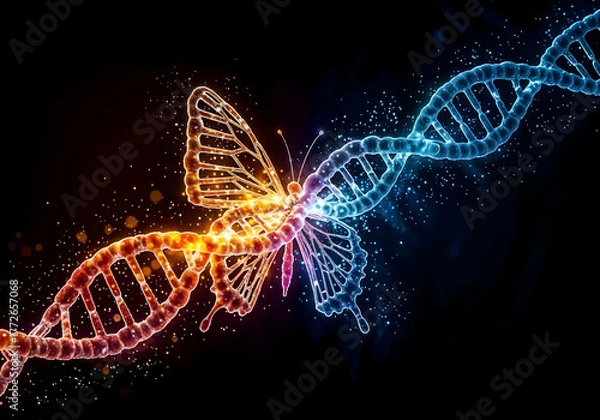 Fototapeta Genetic metamorphosis — DNA helix becoming butterfly, biotechnology and biology art, 3d render