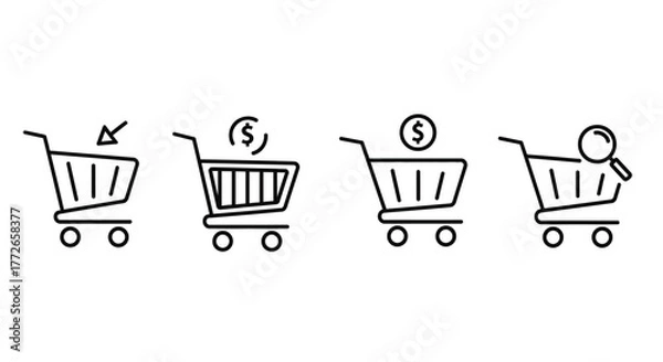 Obraz Hand drawn shopping cart icons showing different stages of online shopping and commerce vector