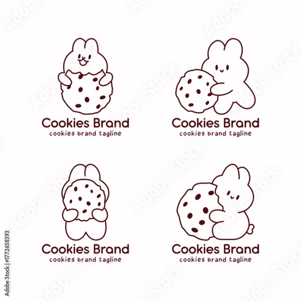 Obraz Charming cookie logo set featuring cute bunny characters hugging and holding oversized cookies. Brown monoline illustration for bakery branding and dessert identity.