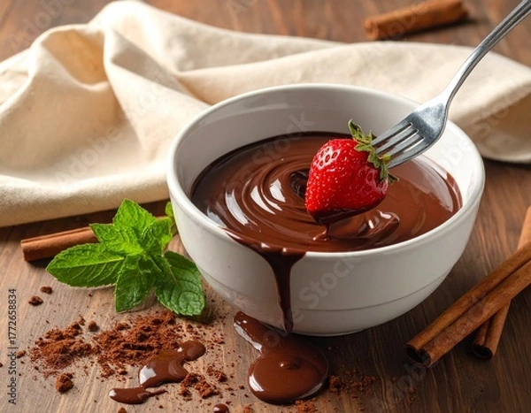 Fototapeta Melted chocolate in a bowl, a fork with a strawberry dipped in chocolate, a beige cloth, cinnamon sticks, mint leaves, spilled cocoa, a wooden table.
