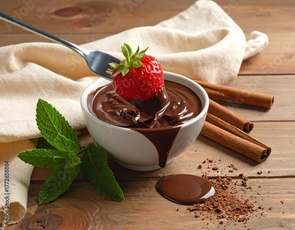 Fototapeta Melted chocolate in a bowl, a fork with a strawberry dipped in chocolate, a beige cloth, cinnamon sticks, mint leaves, spilled cocoa, a wooden table.