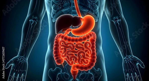 Fototapeta Human body anatomy with glowing digestive system, medical science and healthcare concept, 3d illustration