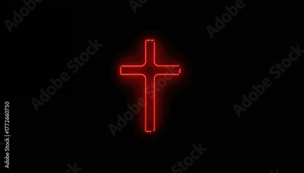 Fototapeta Glowing red neon cross on a dark backdrop
