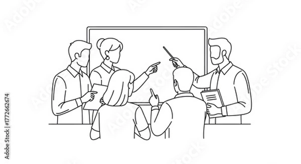 Obraz Business meeting team collaboration presenting ideas to colleagues around whiteboard drawing vector