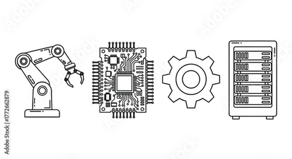 Obraz Industrial automation icons featuring robotic arm circuit board gear and server rack for technology concepts vector