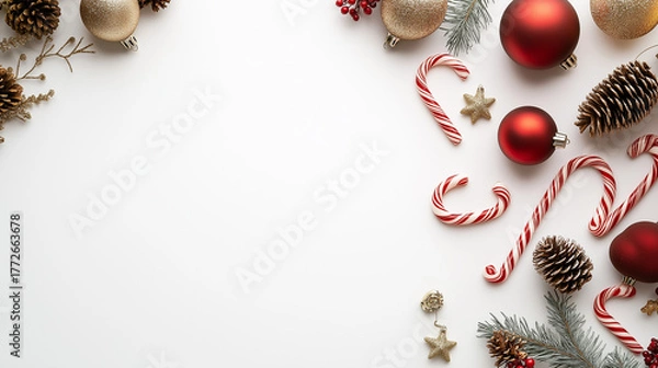 Fototapeta Festive Christmas decorations including candy canes, ornaments, pinecones, and pine sprigs border a clean space.