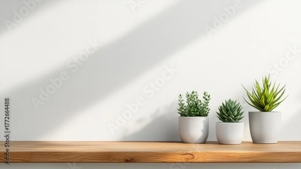Fototapeta Botanical Trio on Wooden Shelf: A close-up view presents a trio of vibrant potted plants, arranged elegantly on a warm wooden shelf with minimalist simplicity. 