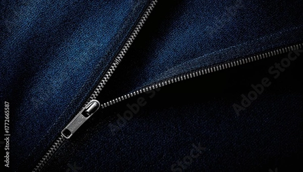 Fototapeta Denim zipper opened, showcasing the texture of blue and black fabric, functional use for fashion design