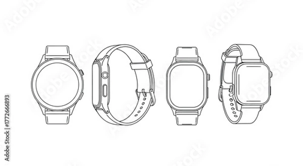 Fototapeta Modern smartwatch designs displayed from multiple angles and perspectives offering a clean aesthetic vector