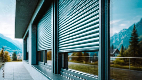 Fototapeta Volants roulants a demi fermés sur baie, vue extérieure