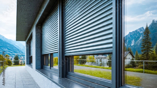 Obraz Volants roulants a demi fermés sur baie, vue extérieure