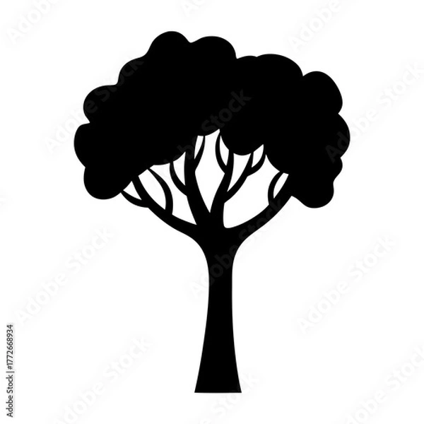 Fototapeta Black silhouette of a tree with leafy crown on a white background