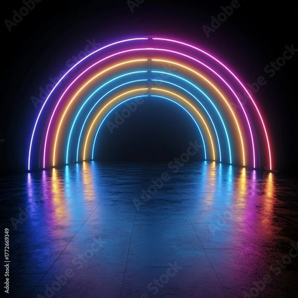 Fototapeta Neon rainbow forms on pitchblack background, abstract 3D conceptual image, 80s retro vibes, minimal fashion stage setup, futuristic lighting
