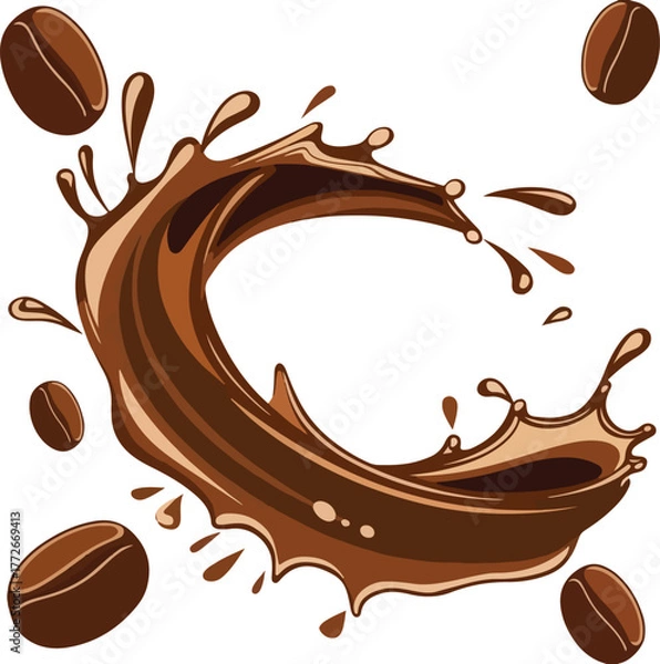 Fototapeta Chocolate splash with coffee and milk vector illustration. chocolate, coffee, milk, drop, sweet, drink, design, symbol, flowing, vector, brown.