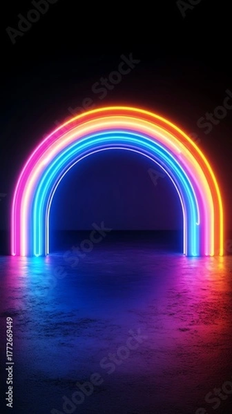 Fototapeta Neon rainbow forms on pitchblack background, abstract 3D conceptual image, 80s retro vibes, minimal fashion stage setup, futuristic lighting