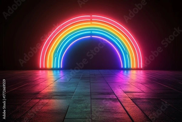 Fototapeta Neon rainbow forms on pitchblack background, abstract 3D conceptual image, 80s retro vibes, minimal fashion stage setup, futuristic lighting