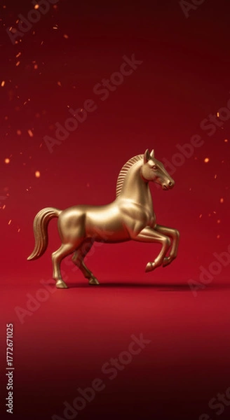 Fototapeta Elegant golden horse figurine standing proudly on a vibrant red background with glowing spark particles floating in the air