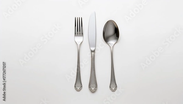 Fototapeta Isolated cutlery set featuring a fork, knife, and spoon on a white background, suitable for dining settings