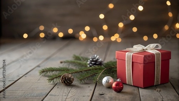 Fototapeta Christmas gift box with festive lights