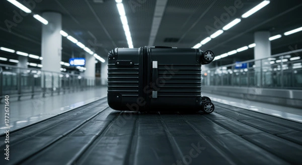 Fototapeta Black hard shell suitcase on airport baggage carousel under fluorescent lights, unattended luggage in modern terminal environment