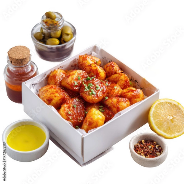 Fototapeta  patatas bravas, original Spanish food, served in a beautiful serving box along with several other ingredients [Transparent Background PNG].