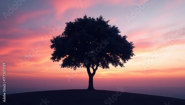 Fototapeta Solitary Tree Silhouette on Horizon Under a Warm Sky with Beautiful Pink and Orange Colored Clouds at Dusk