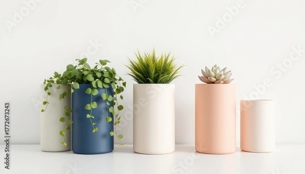 Fototapeta Minimalist indoor plant arrangement featuring diverse greenery in stylish, colorful cylindrical containers on a clean white surface