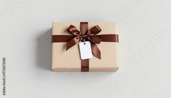 Obraz Wrapped present with a brown ribbon and a blank tag, set against a neutral backdrop providing ample surrounding space