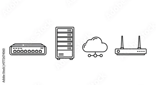 Obraz Network infrastructure icons featuring router server cloud and wireless access point simplified line art vector