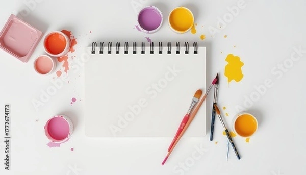 Obraz Blank spiral notebook surrounded by colorful paints and brushes creating a vibrant and inspiring artistic workspace