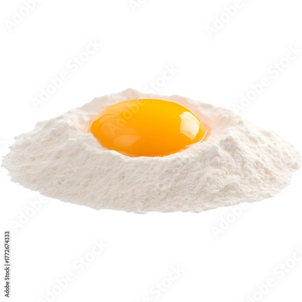 Fototapeta Egg yolk in flour isolated on transparent background, symbolizing baking, cooking, and culinary creativity.