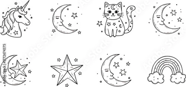Fototapeta Enchanting Celestial Collection Unicorn Moon Cat Star and Rainbow Line Art.