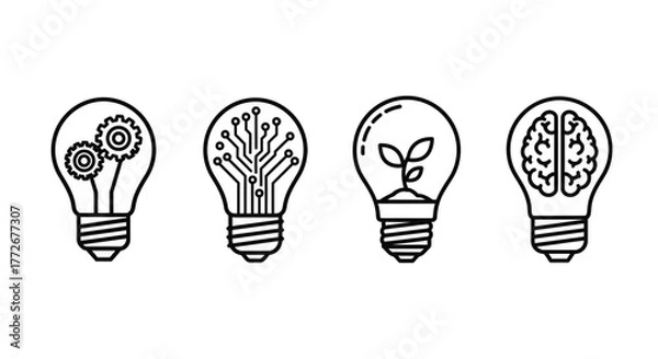 Obraz Four hand drawn light bulb icons representing innovation ideas vector