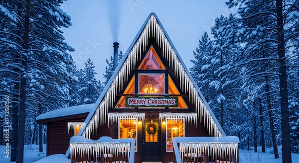 Obraz A frame cabin with icicles in snowy forest displaying merry christmas sign and festive lights glow