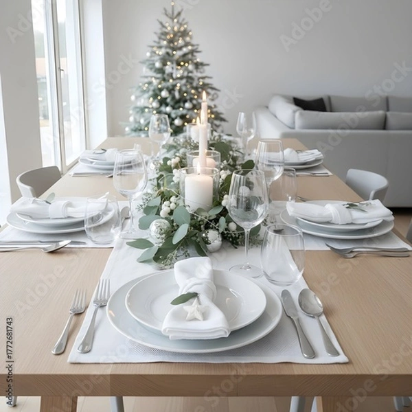 Obraz Minimal Scandinavian Christmas Dinner Table Setting in White and Silver Theme