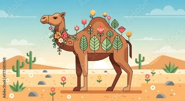 Obraz A whimsical camel adorned with flowers and leaves stands in a vibrant desert landscape at sunset