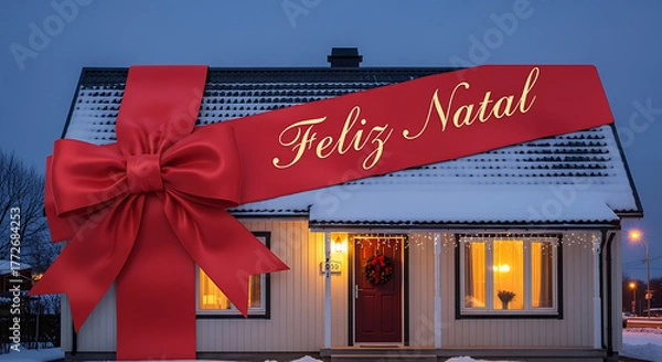 Fototapeta Cozy snow-covered house with a large red Christmas ribbon displaying Feliz Natal greeting message