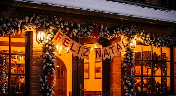 Obraz Snowy christmas wreath and feliz natal banner on cozy illuminated brick house entrance facade
