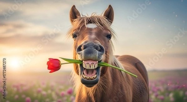 Obraz Happy horse holding a tulip in its mouth, standing in a vibrant flower field during sunset