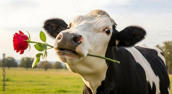 Obraz Playful cow holding a rose in its mouth, standing in a lush green field during sunset