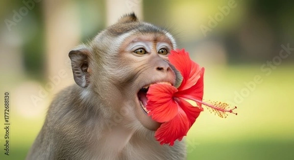 Obraz Playful monkey holding a vibrant hibiscus flower in a lush green park, showcasing nature's beauty