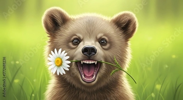 Obraz Playful bear cub holding a daisy in its mouth, surrounded by vibrant green grass and soft sunlight