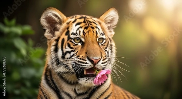Obraz Majestic tiger holding a pink flower in its mouth, surrounded by lush greenery in a serene setting