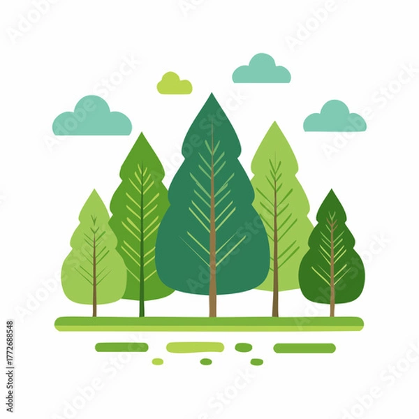 Obraz Stylized Forest Illustration with Trees, Clouds, and Greenery, Depicting Nature and Environment