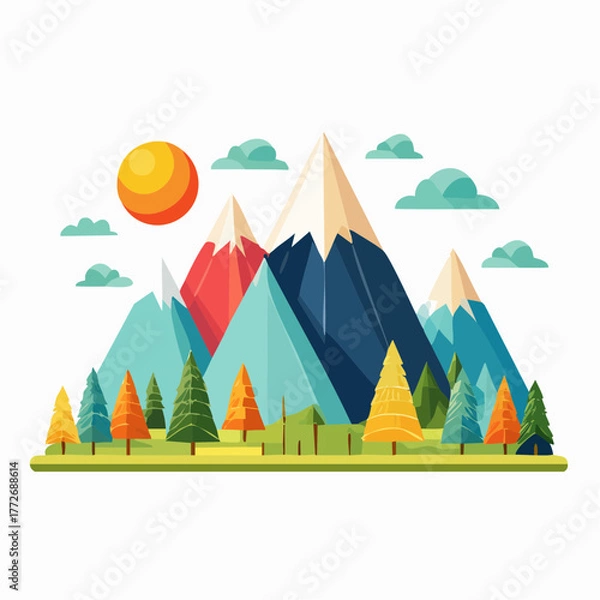 Obraz Vibrant flat design illustration of a majestic mountain landscape with colorful trees, a bright sun, and fluffy clouds, perfect for nature-themed projects and digital art