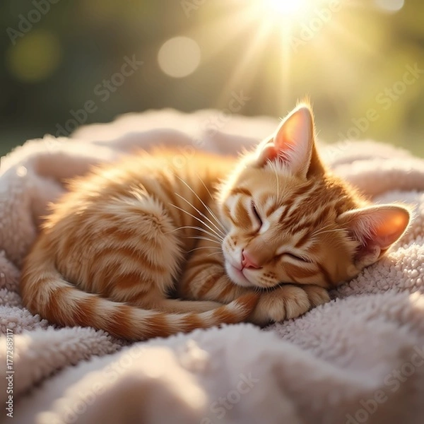 Fototapeta Cute orange tabby kitten sleeping on soft blanket in sunlight  