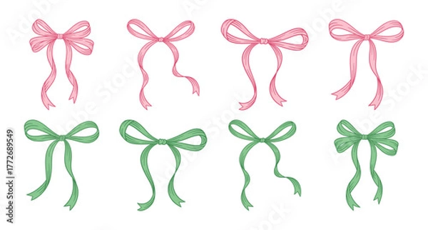 Fototapeta Coquette pink and green bow set. Hand drawn different vintage ribbons. Christmas, Valentine's, Birthday gift in retro style. Girly hairstyle accessories, romantic design. Vector illustration.