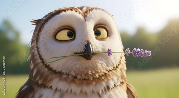 Obraz Cute cartoon owl holding a lavender flower in its beak, set in a sunny meadow with soft background