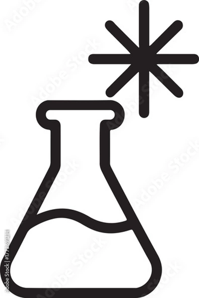 Fototapeta Minimalist line art icon of a chemical flask with sparkles symbolizing a scientific reaction, energy, innovation, and creative discovery in research or science.